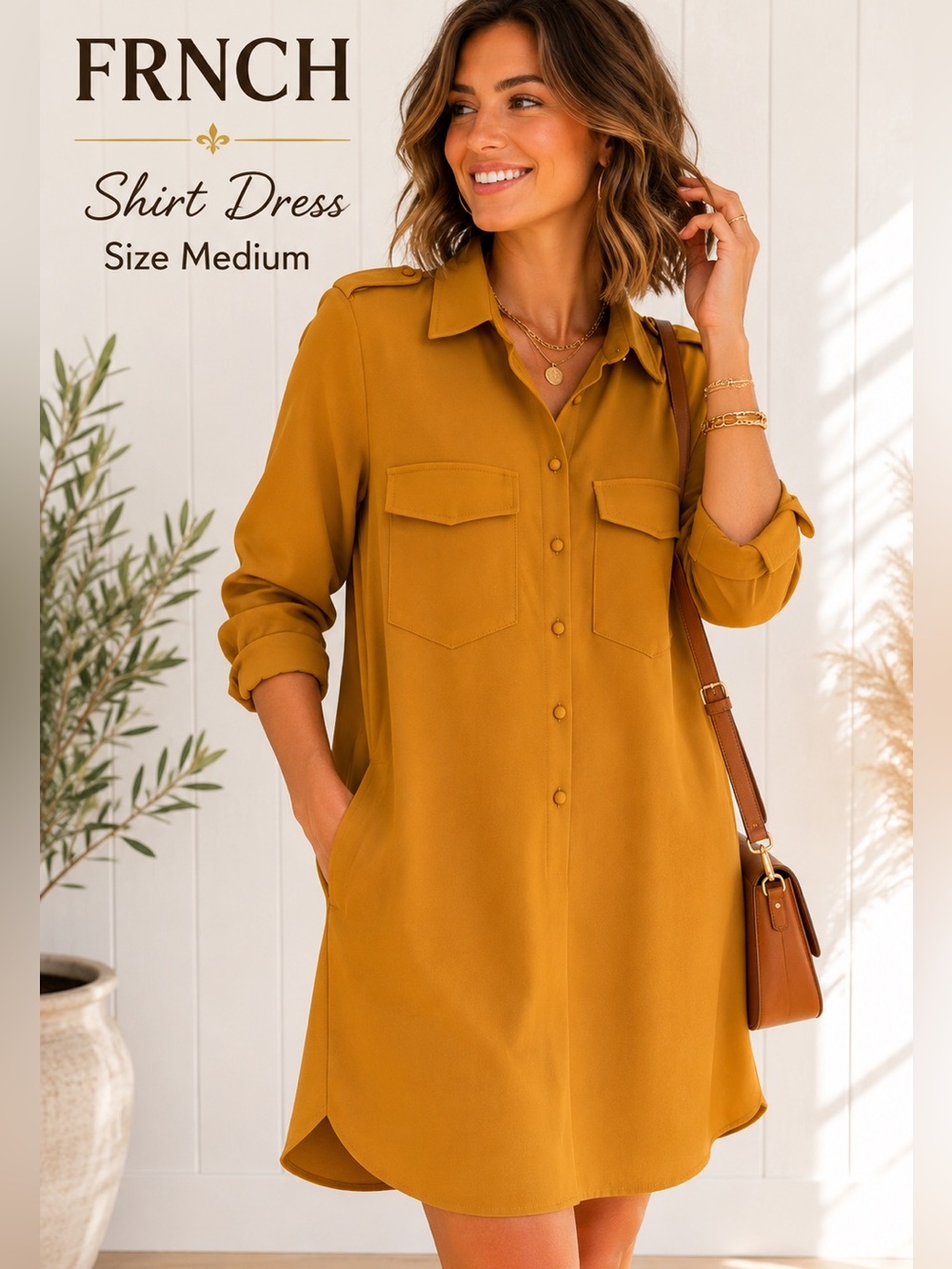 FRNCH Vintage Mustard Yellow Shirt Dress Medium Long Sleeve Utility Pockets